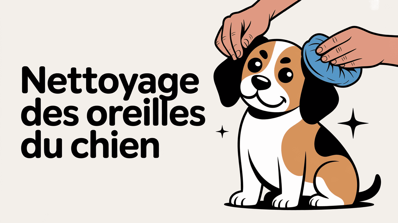 Nettoyage oreilles chien avec main et compresse, ambiance rassurante