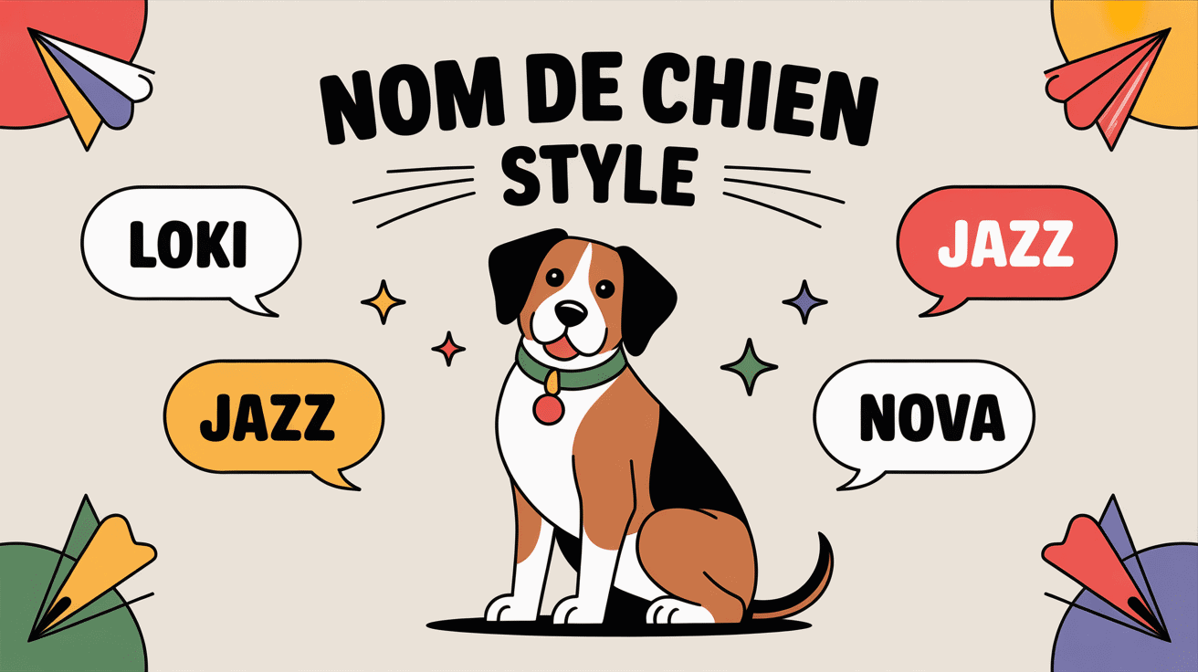 Illustration nom de chien stylé avec chien élégant et prénoms tendances