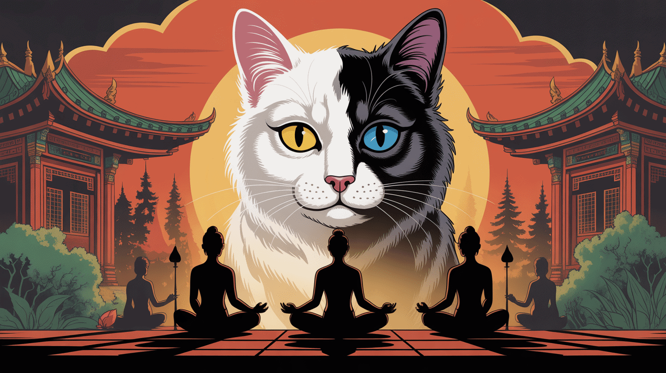 Temple asiatique et chat le sacre de birmanie doré yeux bleus