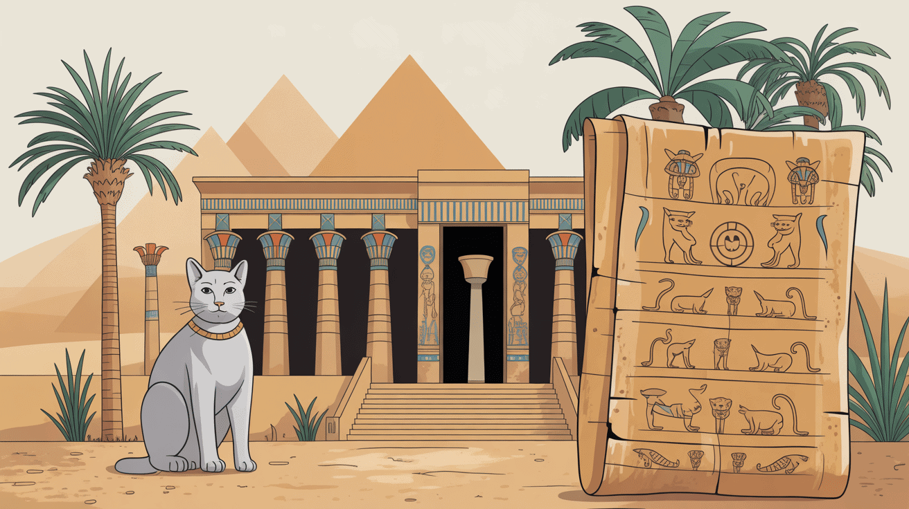 chat mau égyptien devant temple égyptien stylisé
