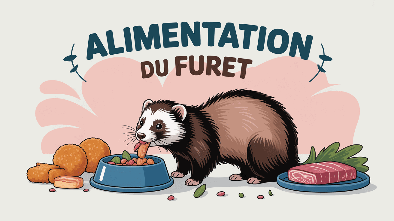 Que mange un furet illustration alimentation croquettes viande