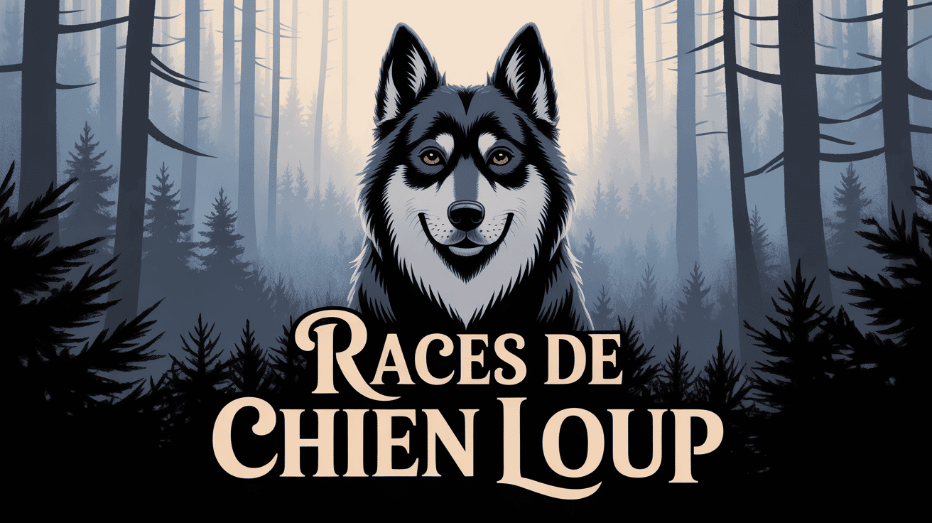 Race chien loup debout foret brumeuse