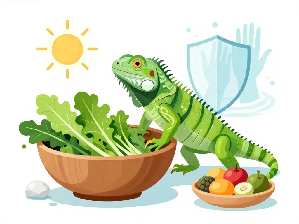 Iguane vert common iguanas, bol de feuilles, fruits modérés, hygiène et protection