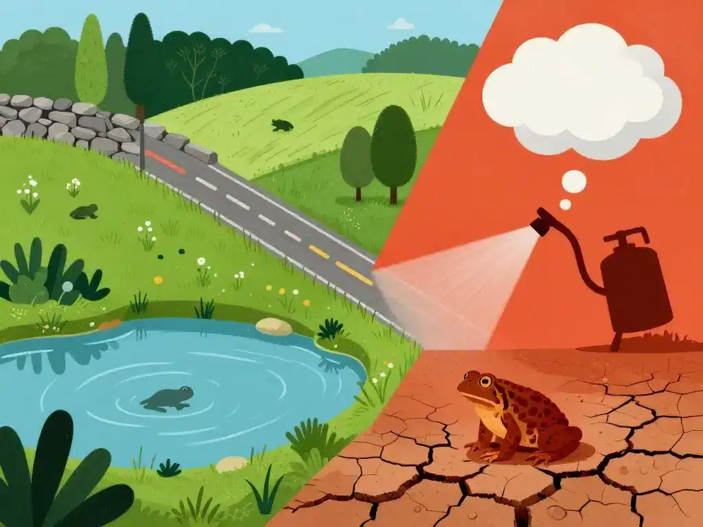 Paysage symbolique montrant habitats et menaces pour l’alyte accoucheur