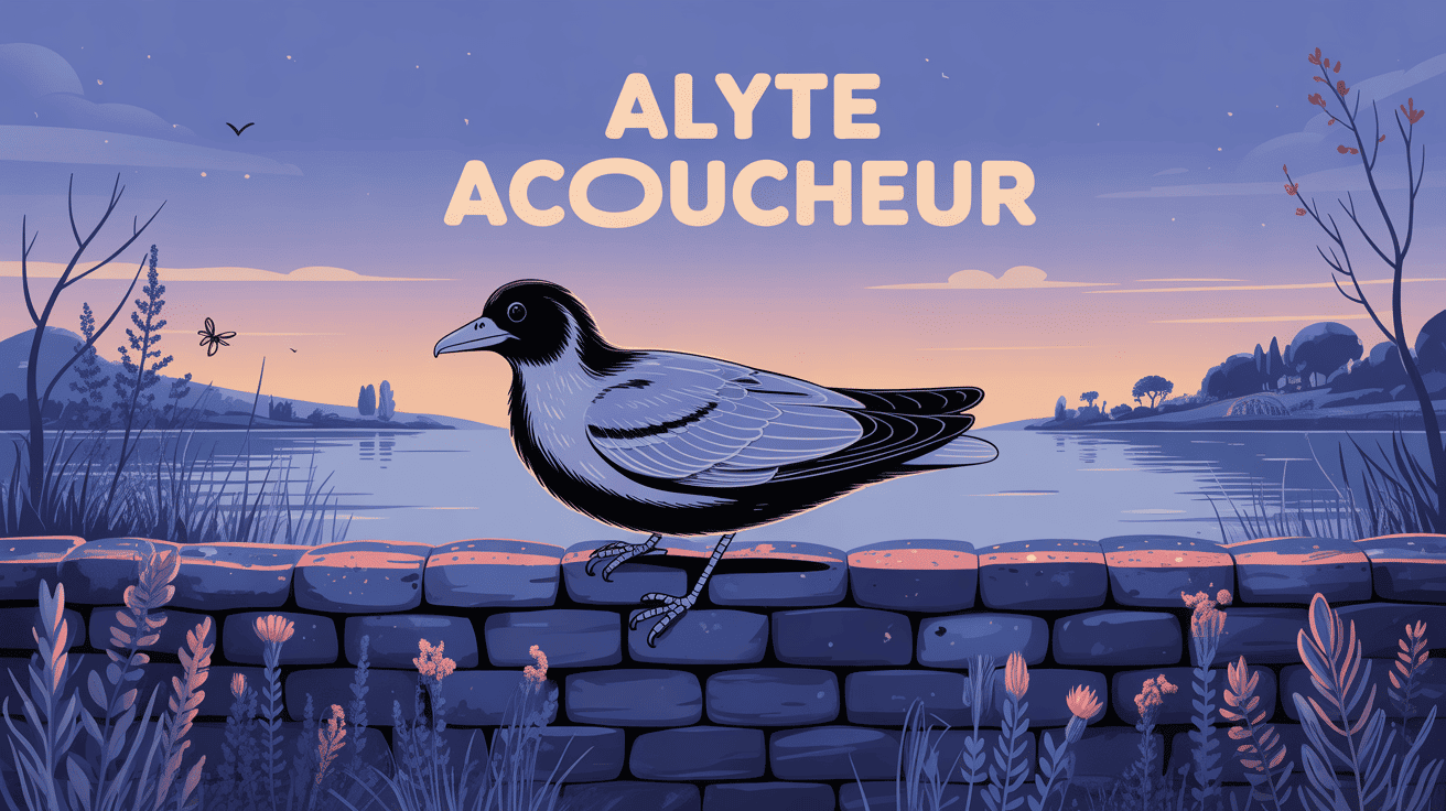 Illustration de l’alyte accoucheur sur muret près d’une mare au crépuscule