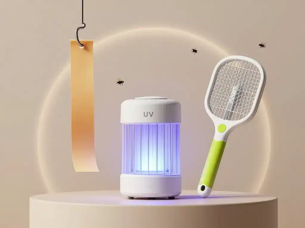 Scène produits pour attraper les mouches: ruban, piège UV, raquette