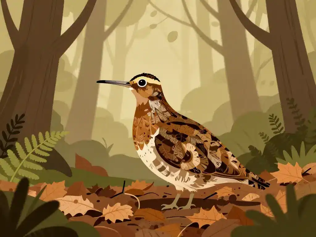 becasse camouflee dans les feuilles du sous-bois