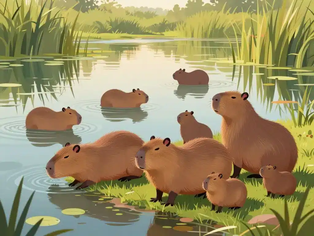 groupe de cabiai au bord de l’eau