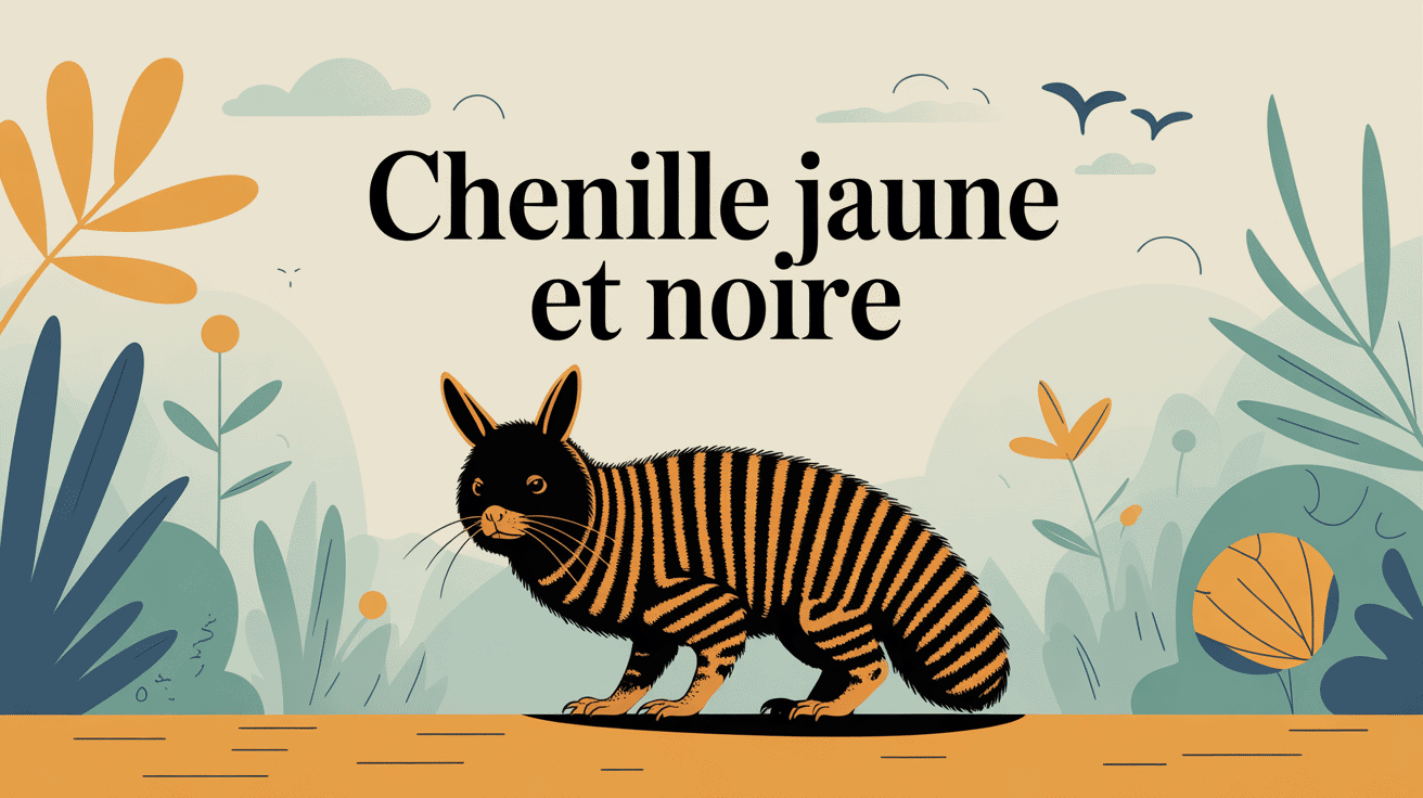 illustration chenille jaune et noir sur feuille, guide rassurant