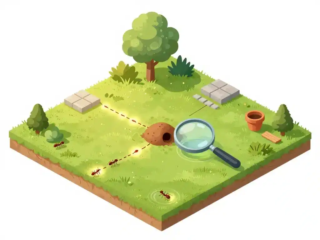 schéma nid fourmi rouge et pistes dans le jardin