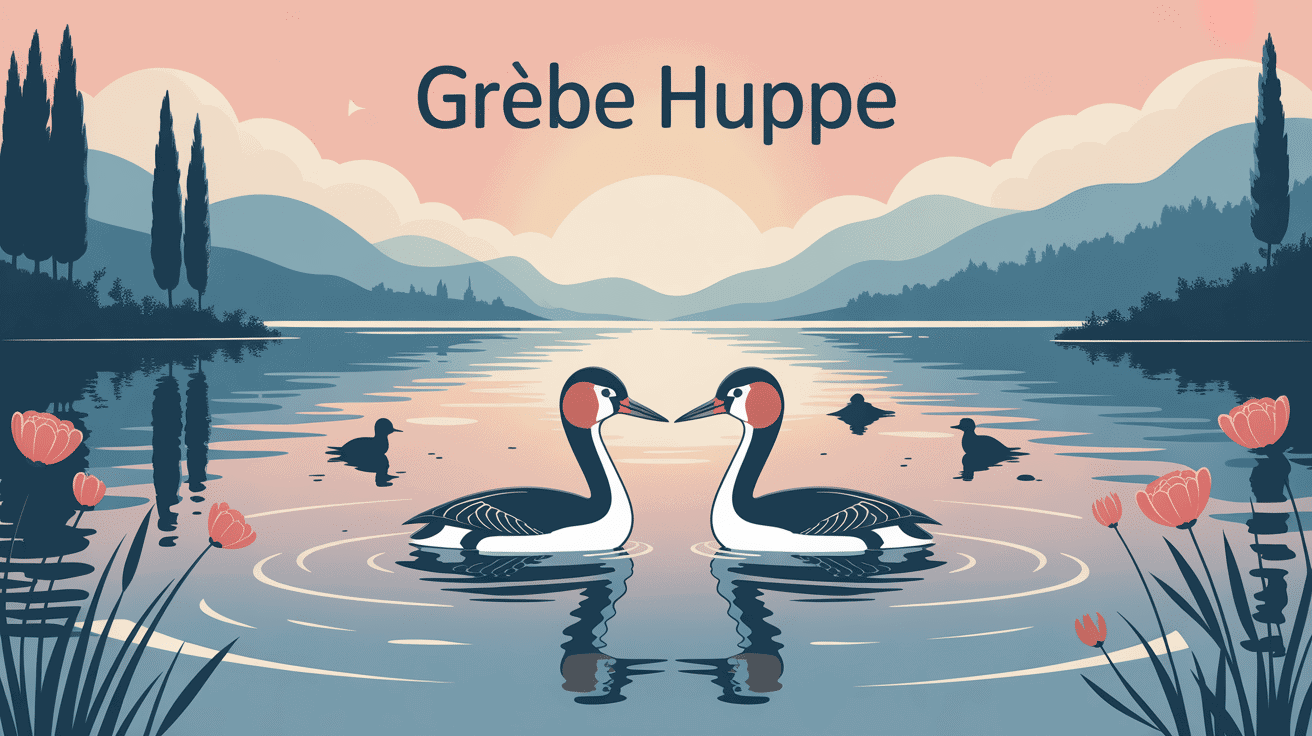 grèbe huppé sur lac avec roselières, guide complet