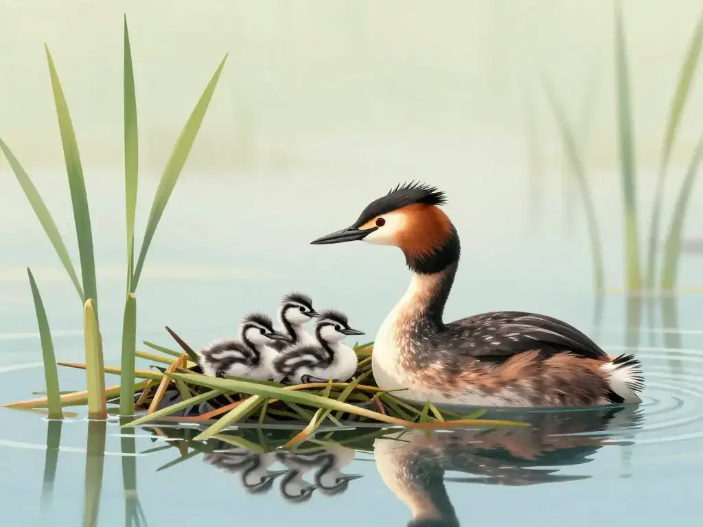 grèbe huppé avec poussins rayés sur le dos près du nid