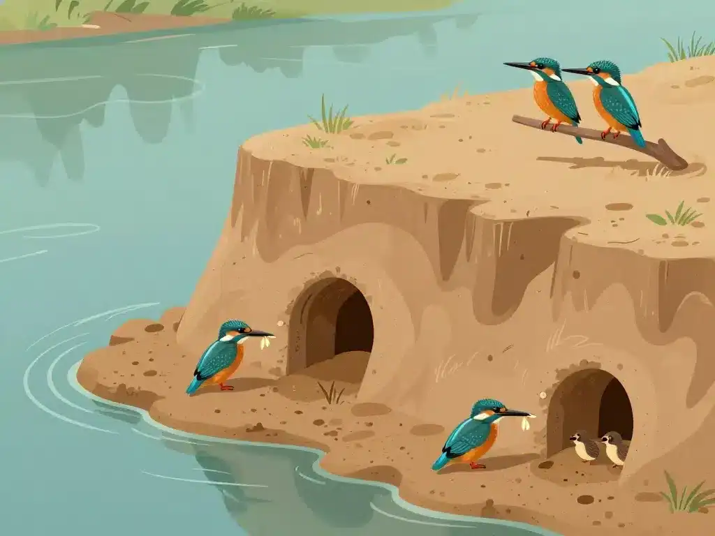 Coupe de terrier de martin pecheur avec adultes et oisillons