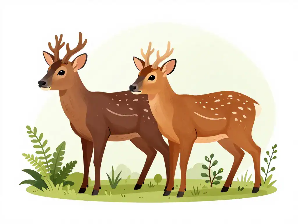 mâle et femelle muntjac, cornes et canines visibles