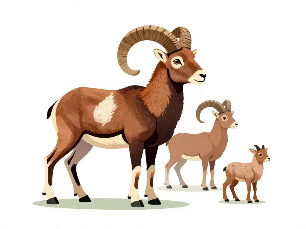 Mouflon mâle, femelle et jeune, cornes et selle claire