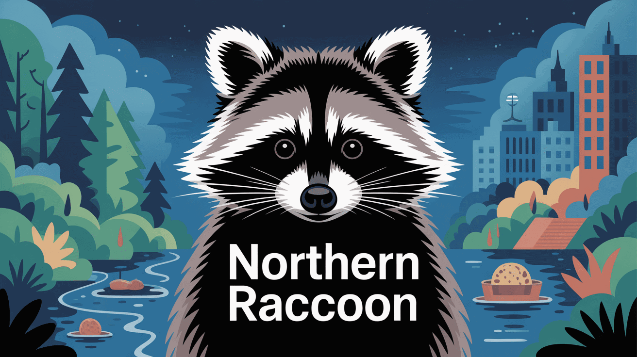 northern raccoon en nature et ville, illustration nocturne