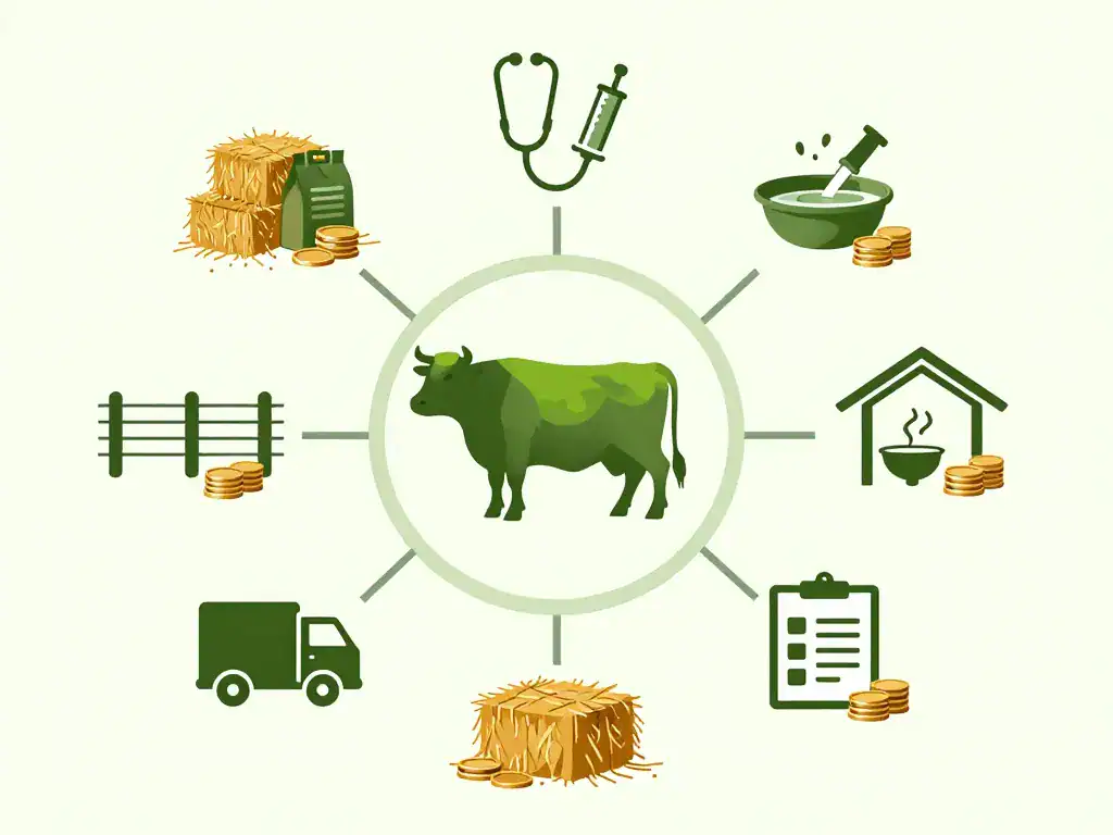 Schéma des coûts du prix d'une vache : alimentation, véto, transport, infrastructures