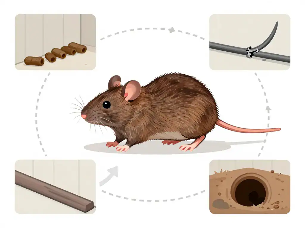 Diagramme du surmulot avec crottes, traces et morsures