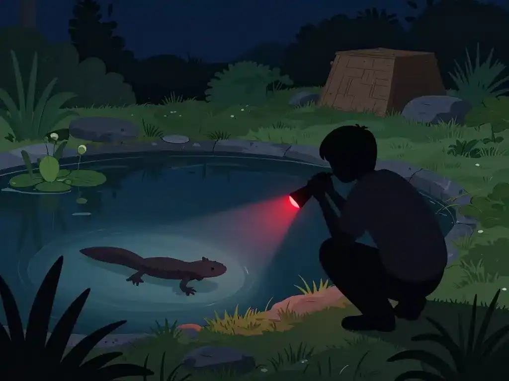 triton palmé observé à la lampe rouge près d’une mare de jardin
