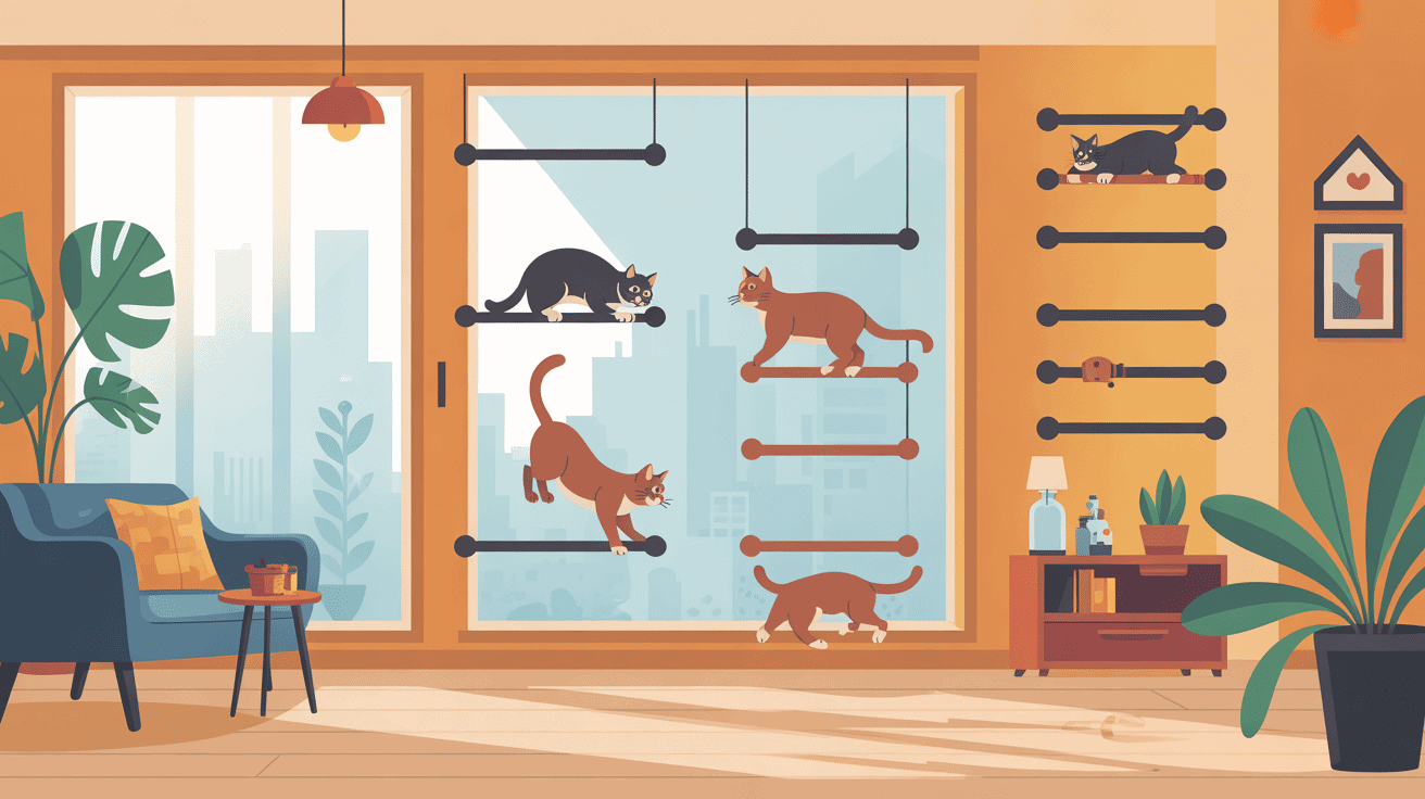 Chat utilisant barre à chat sur fenêtre et mur dans intérieur lumineux