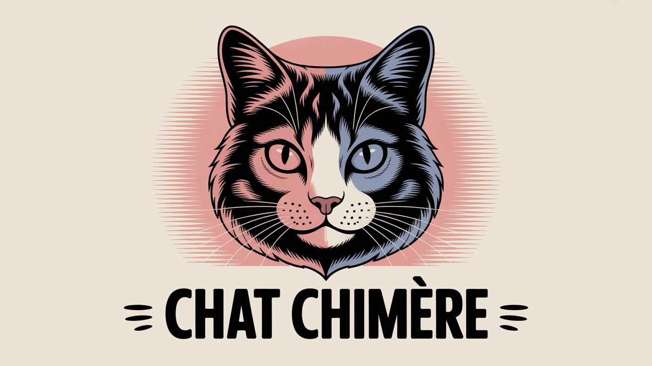 Illustration chat chimère visage partagé deux couleurs symétriques
