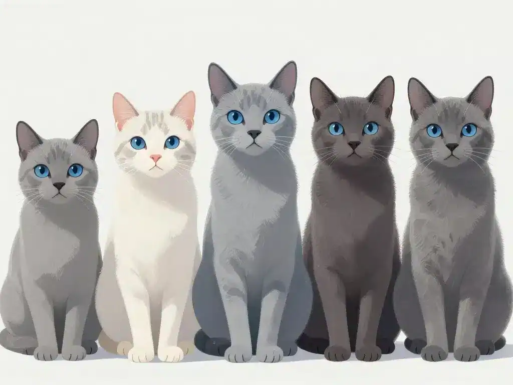 Différentes races de chats gris aux yeux bleus alignées