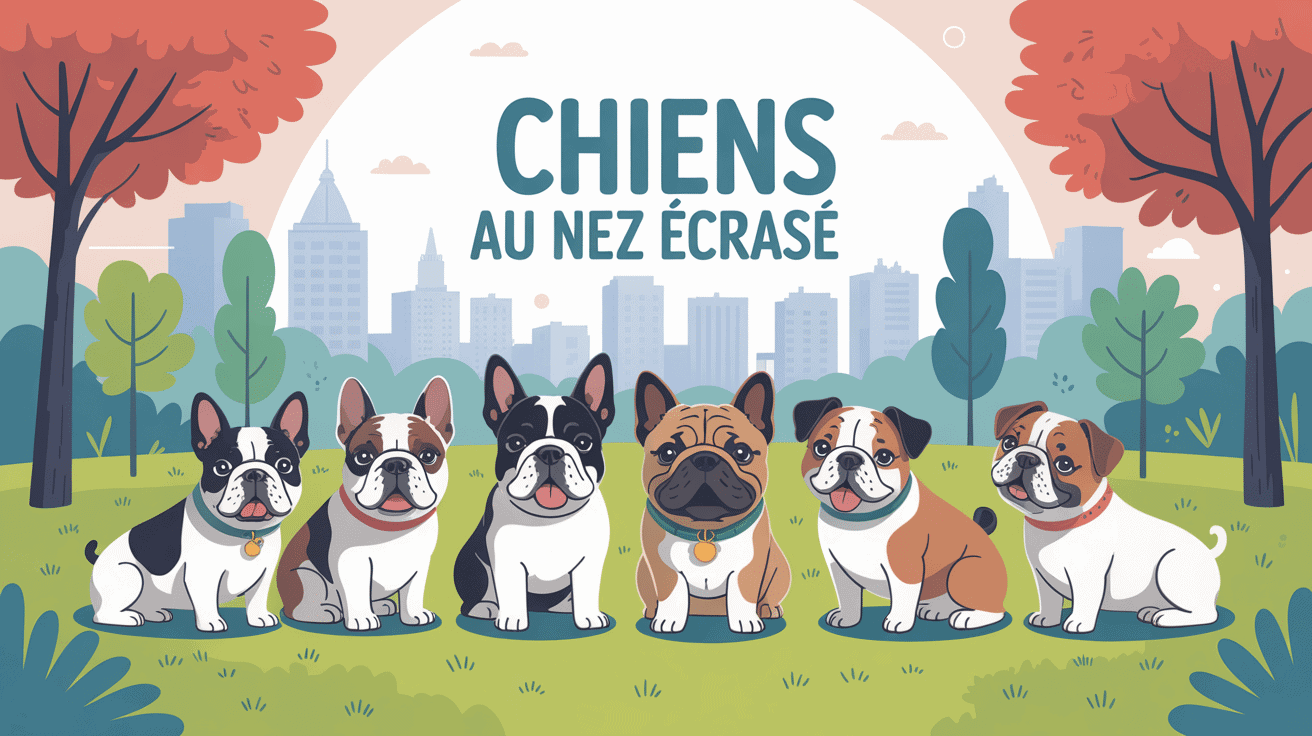 Chiens nez ecrase illustrés dans un parc
