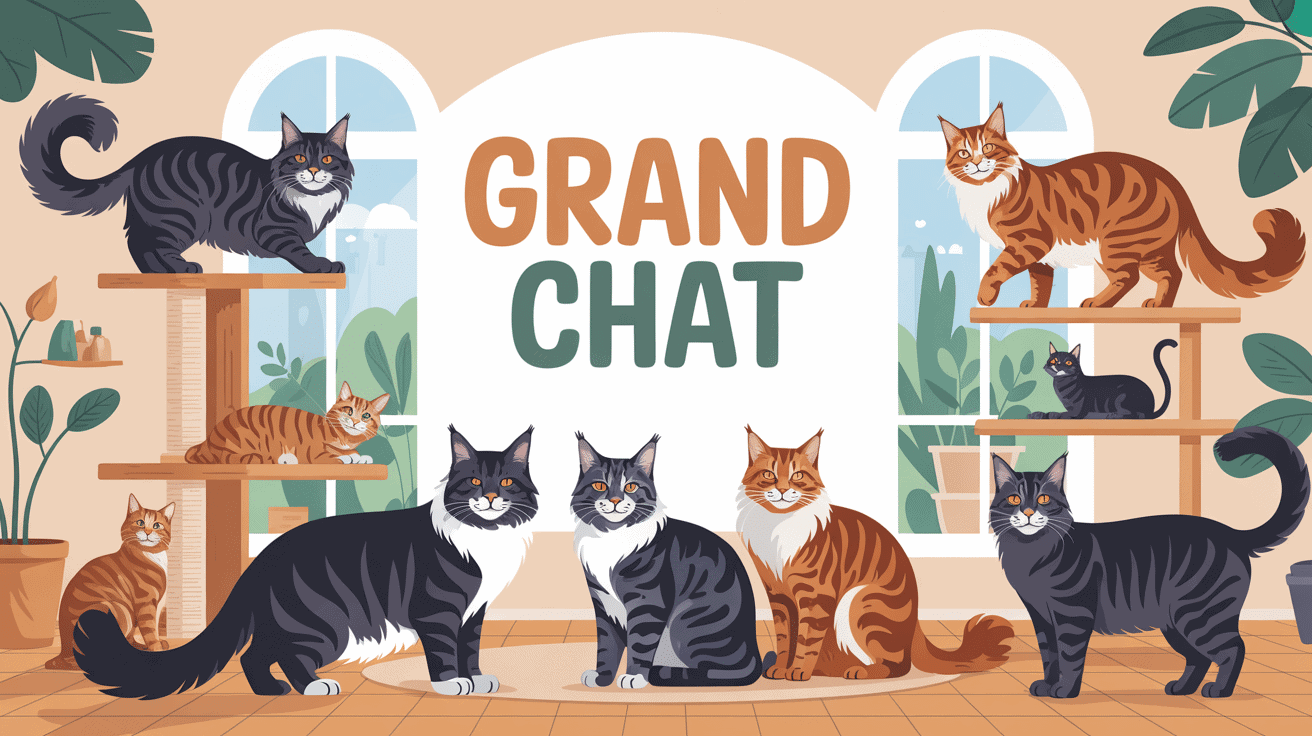Illustration de plusieurs races de grand chat dans un intérieur