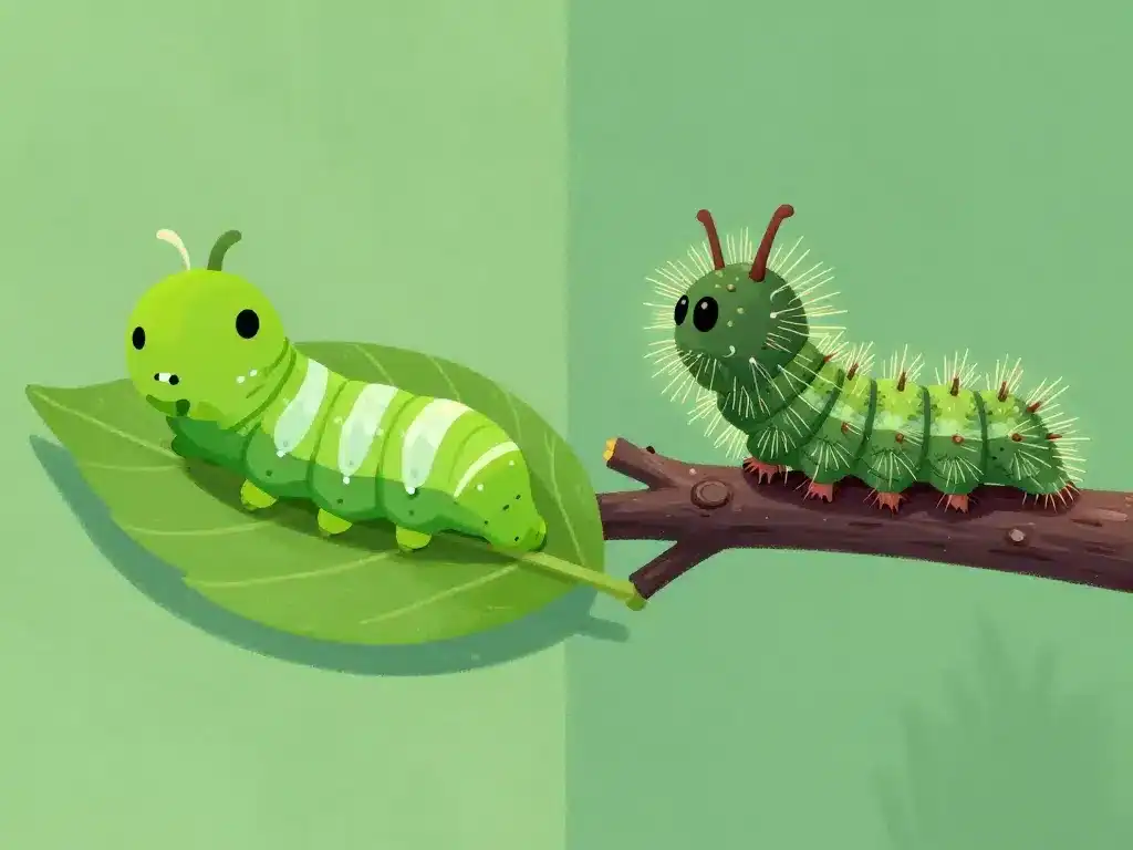 Grosse chenille inoffensive et grosse chenille urticante différenciées visuellement