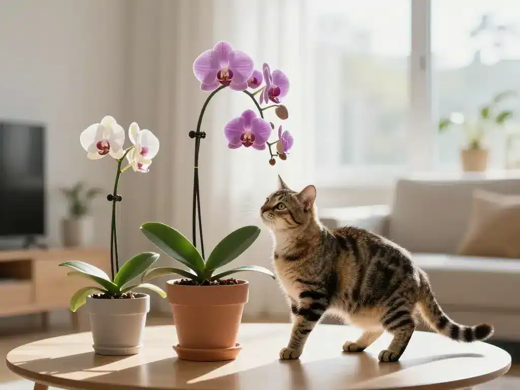 chat curieux orchidées salon