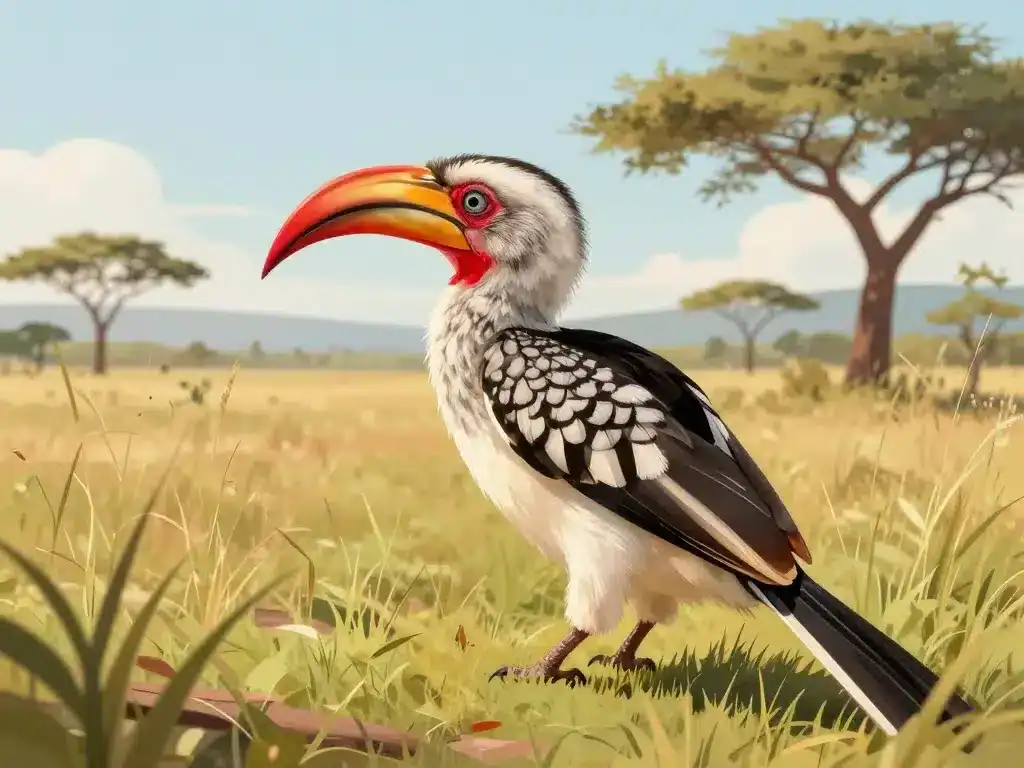 Zazou oiseau calao à bec rouge en savane