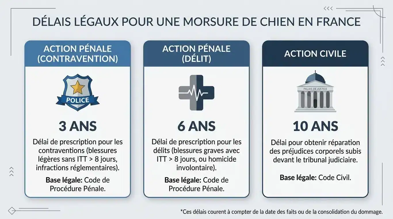 Infographie récapitulative des délais légaux pour porter plainte après une morsure de chien en France