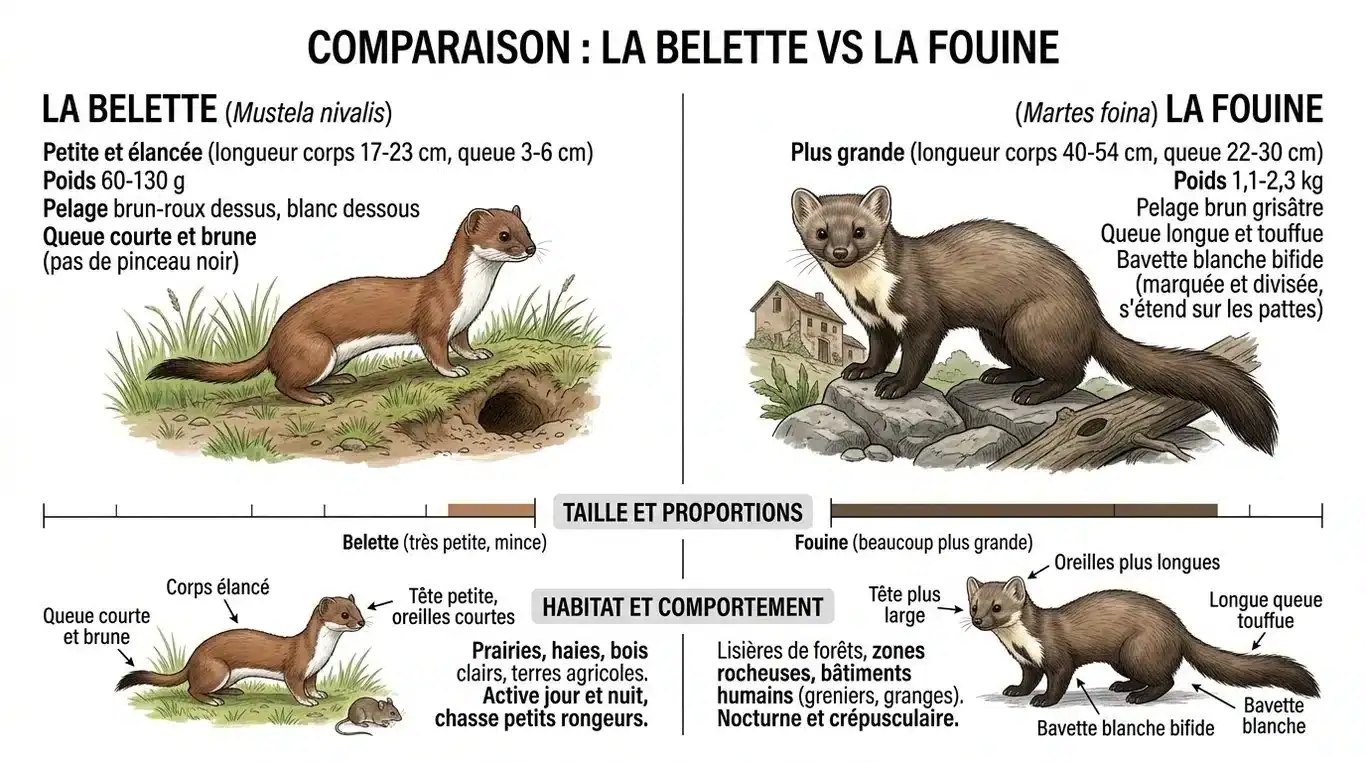 Infographie comparative entre la belette et la fouine : différences morphologiques et caractéristiques clés.