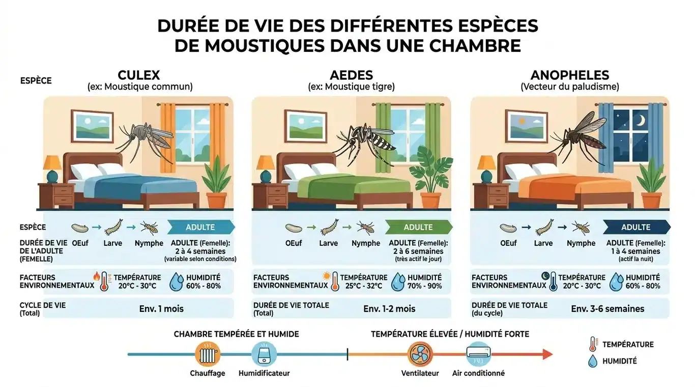 Infographie comparative de la durée de vie des moustiques en intérieur et facteurs d'influence