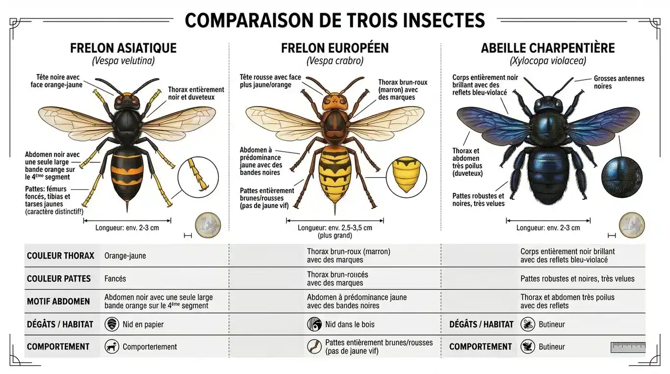 Infographie comparative pour identifier le frelon asiatique, le frelon européen et l'abeille charpentière