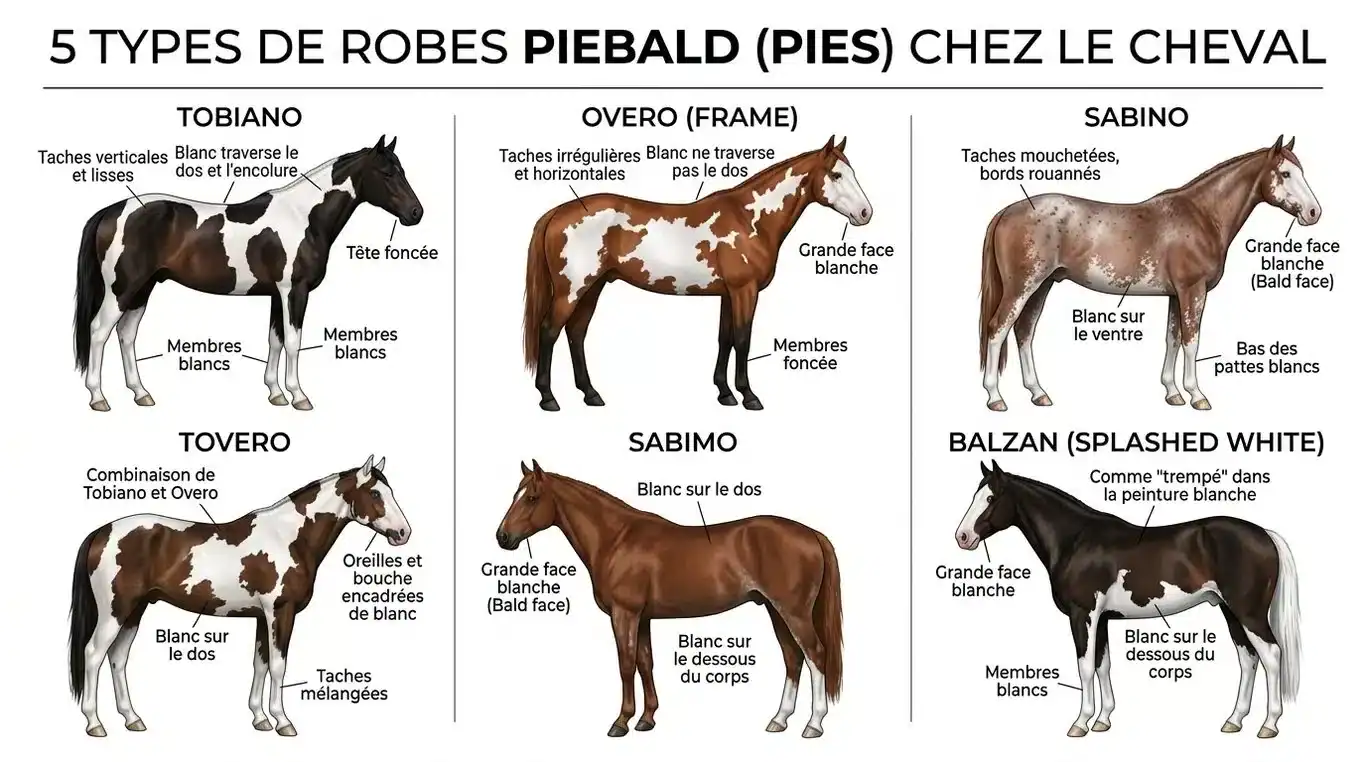 Infographie comparative des 5 types de robes de chevaux pie : Tobiano, Overo, Sabino, Tovero et Balzan.