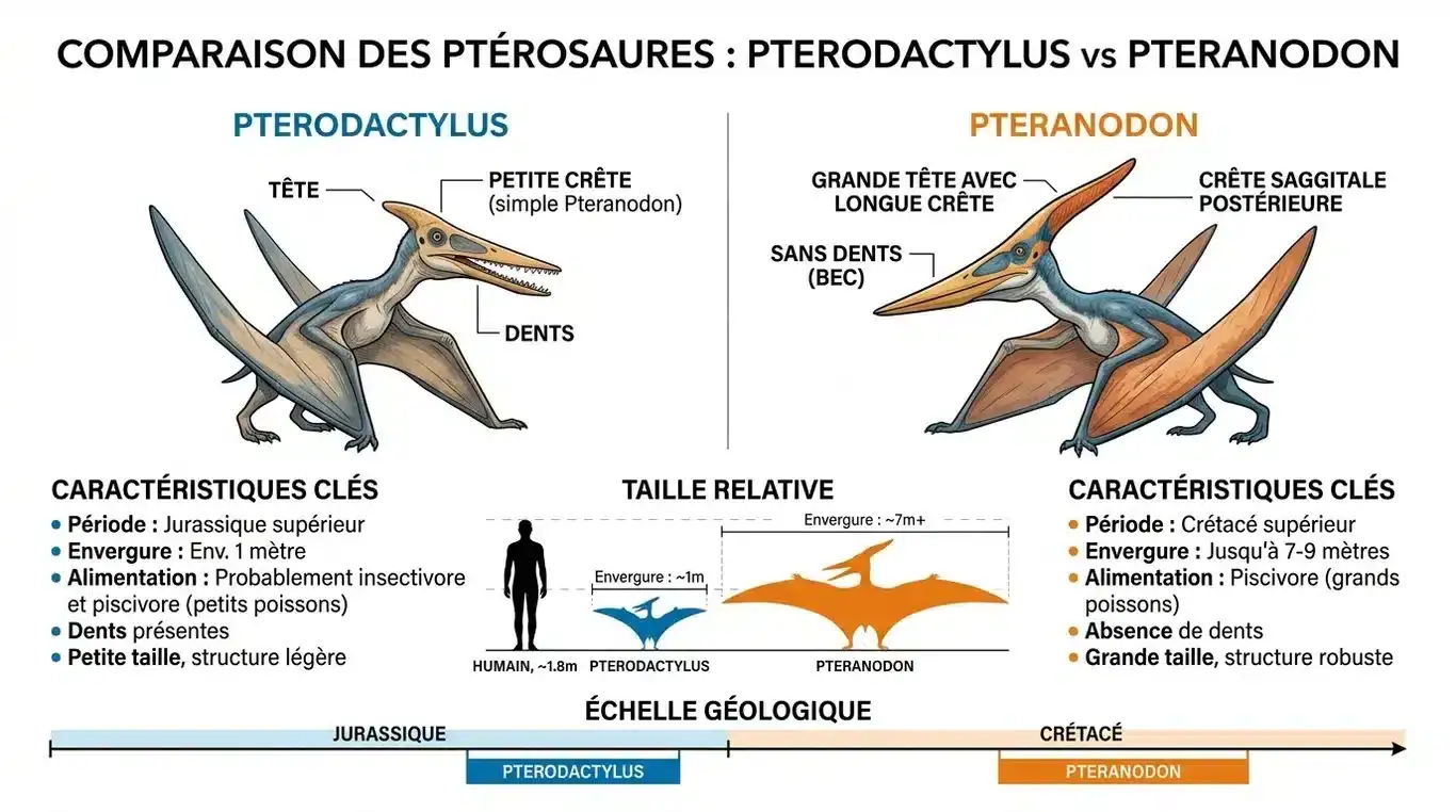Infographie comparative entre le ptérodactyle et le ptéranodon.