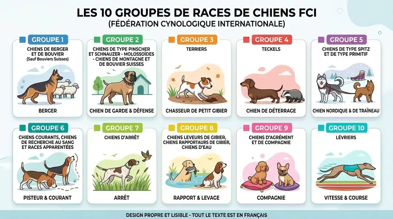 Infographie des 10 groupes de races de chiens selon la classification FCI