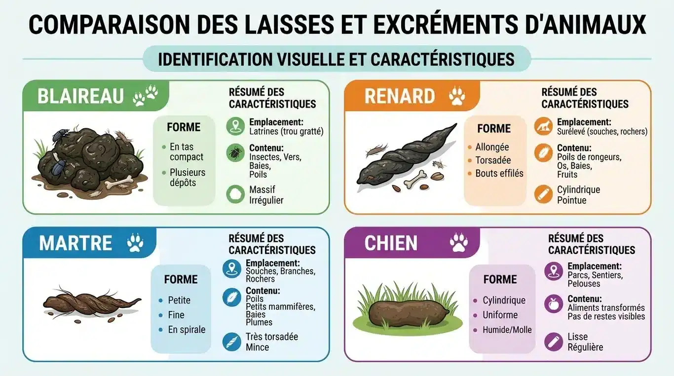 Infographie comparative des déjections de blaireau, renard, fouine et chien pour une identification facile.