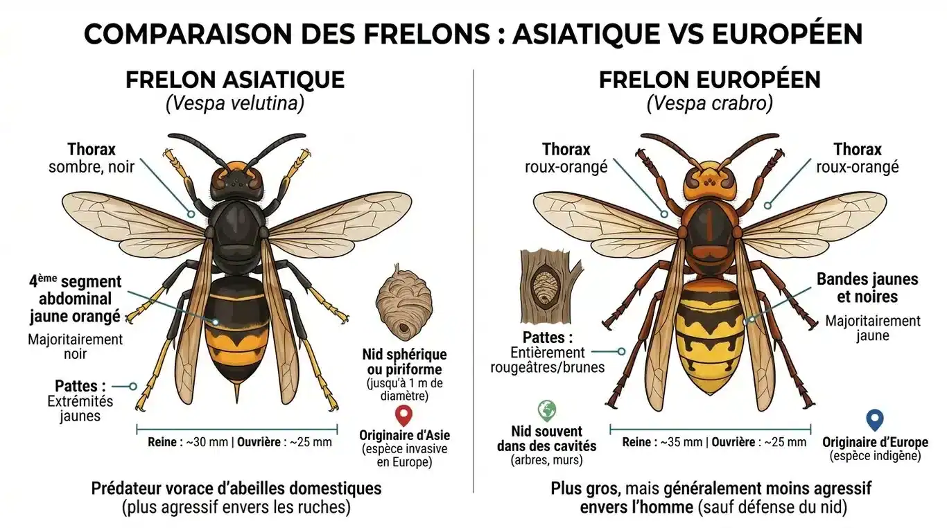 Infographie comparative : Frelon asiatique vs Frelon européen, critères d'identification visuelle