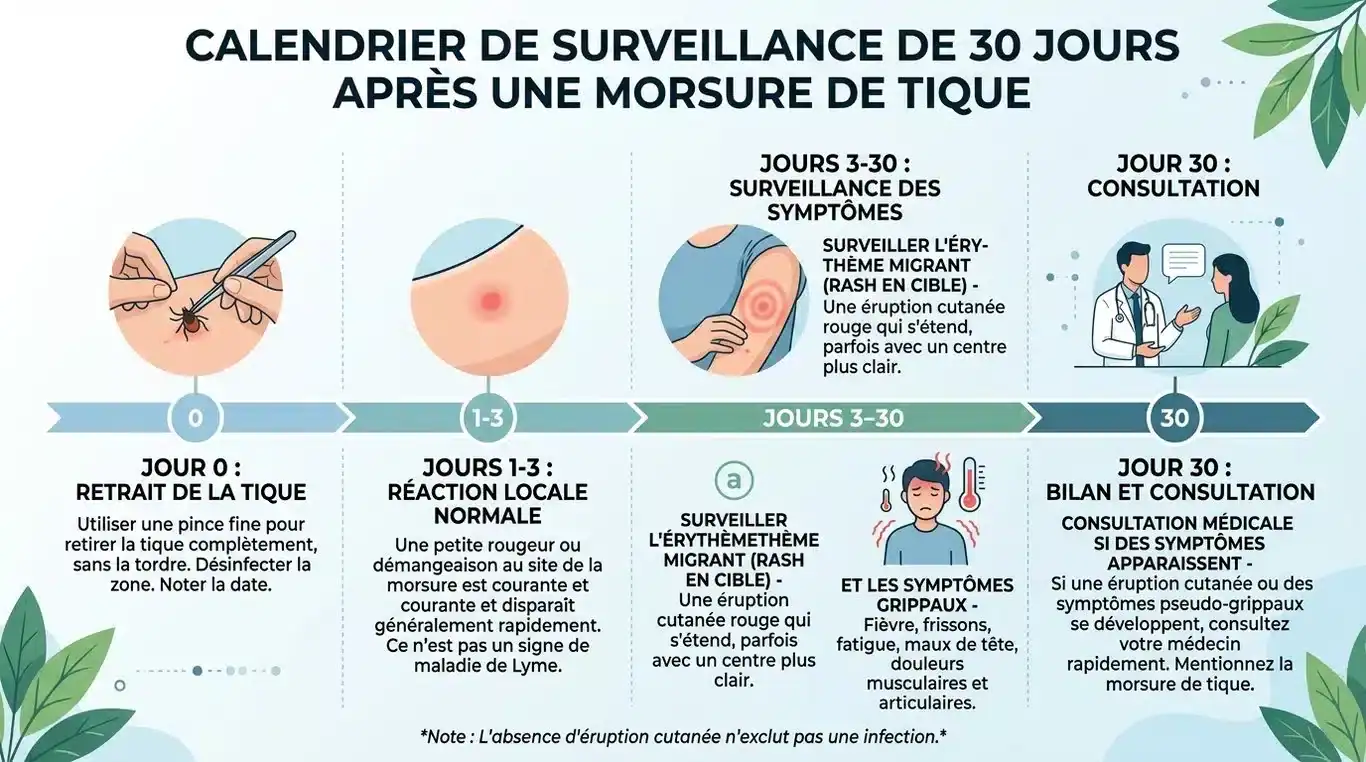 Infographie de suivi post-piqûre de tique : calendrier des 30 jours et symptômes d'alerte