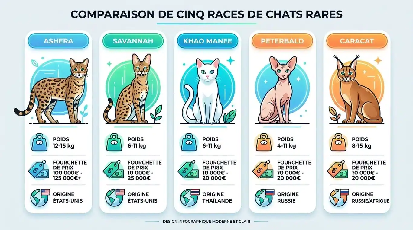 Infographie comparative des races de chats rares : poids, origine et fourchette de prix.