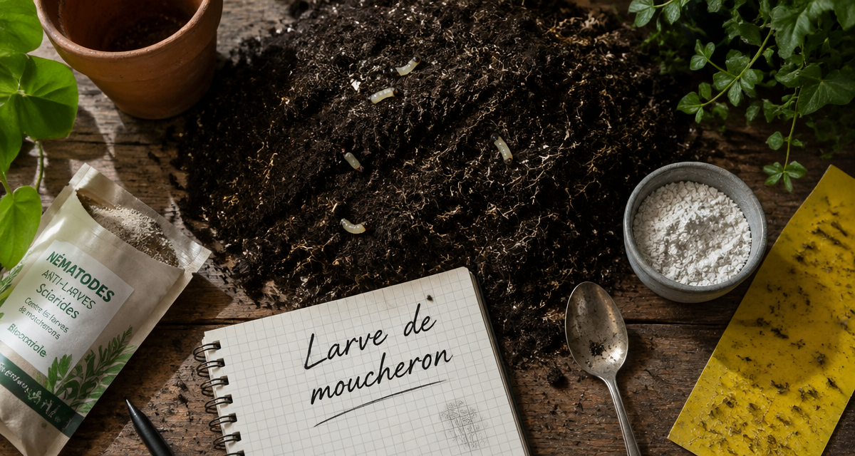 Larve moucheron sur terreau avec outils d'élimination