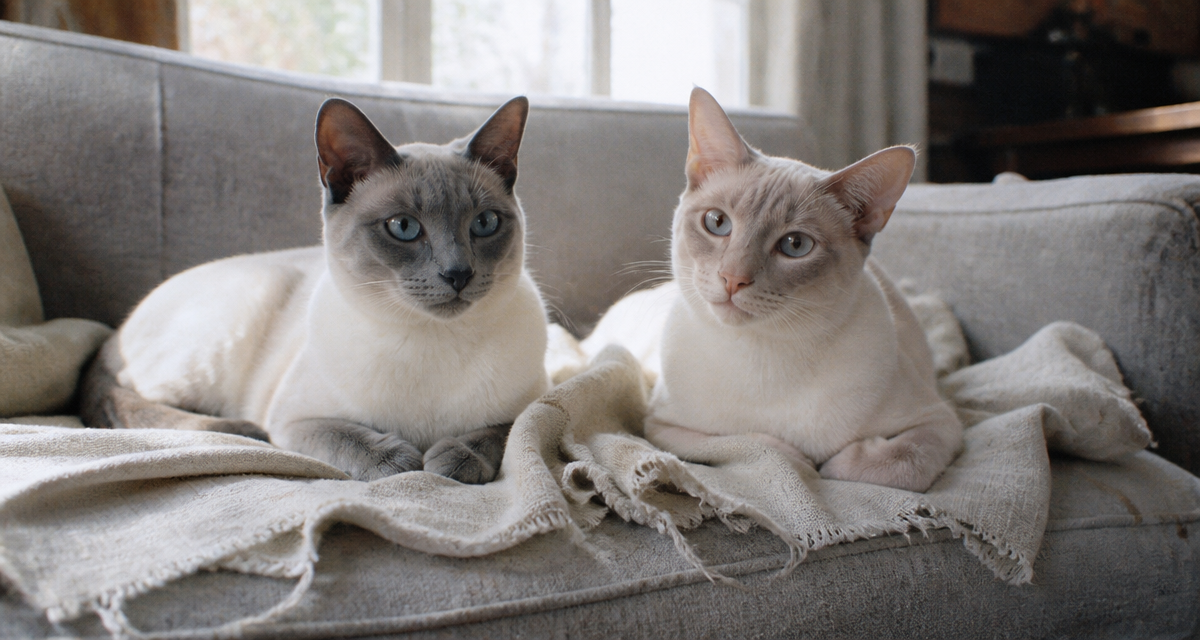 chat siamois gris blue point et lilac point assis