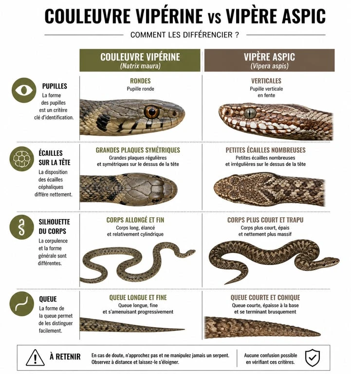 Infographie comparative pour identifier une couleuvre vipérine et une vipère aspic