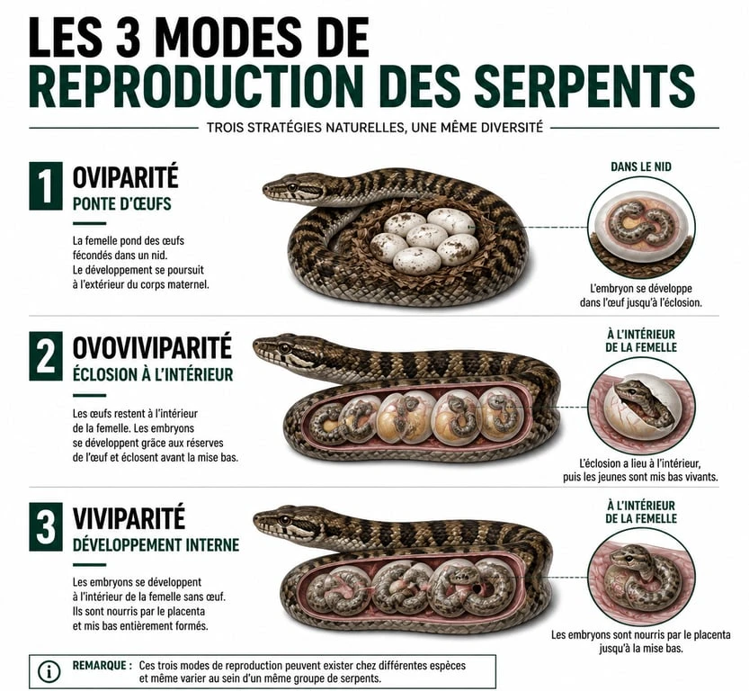 Infographie des modes de reproduction serpent : ovipare, vivipare et ovovivipare