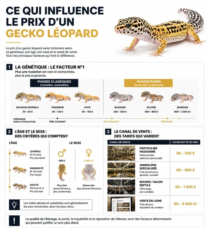 Infographie des facteurs de prix et mutations du gecko léopard