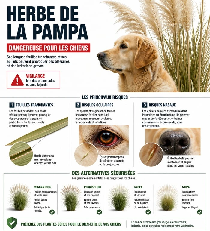 Infographie des risques de l'herbe de la pampa pour les chiens et alternatives sécurisées