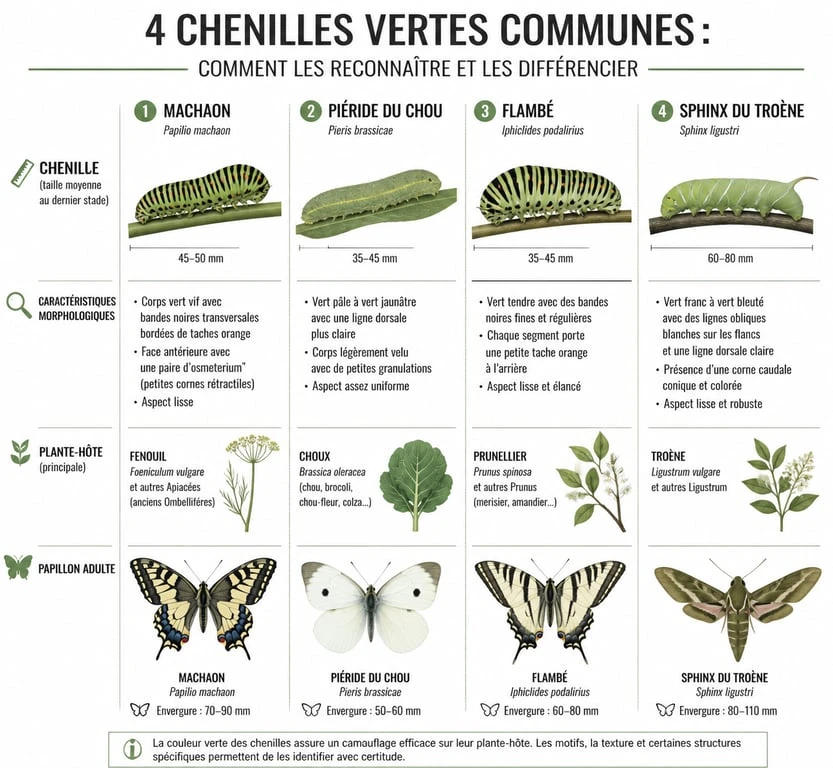 Infographie comparative pour l'identification des chenilles vertes au jardin : Machaon, Piéride, Flambé et Sphinx.