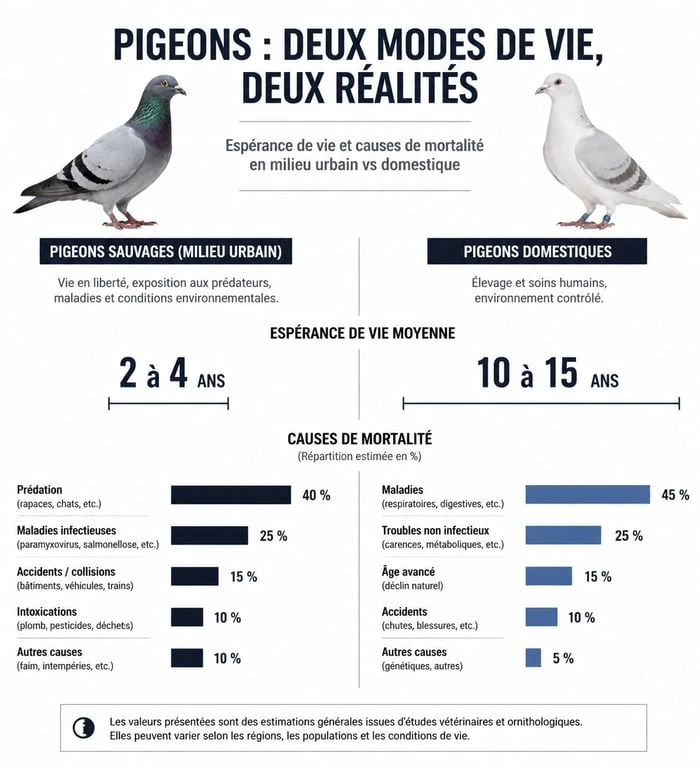 Infographie comparative de l'espérance de vie du pigeon sauvage et du pigeon domestique